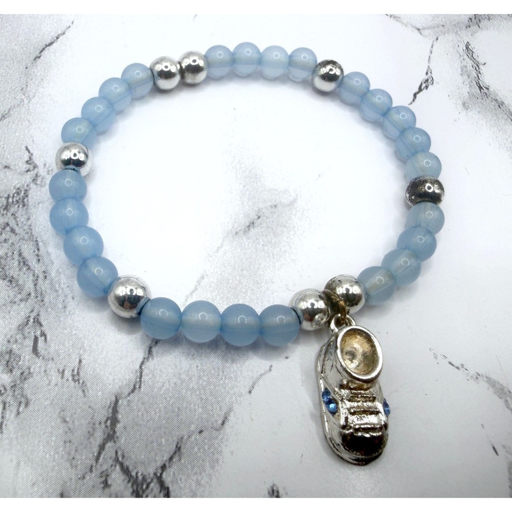 Blue Acrylic Bead Stretch Bracelet Silver Baby Booties Charm Baby Shower Gift 7"